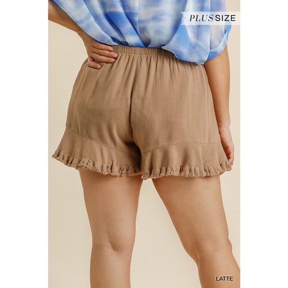 Linen Blend Elastic Waist Ruffle Hem Shorts With Pockets - Picture 3 of 6